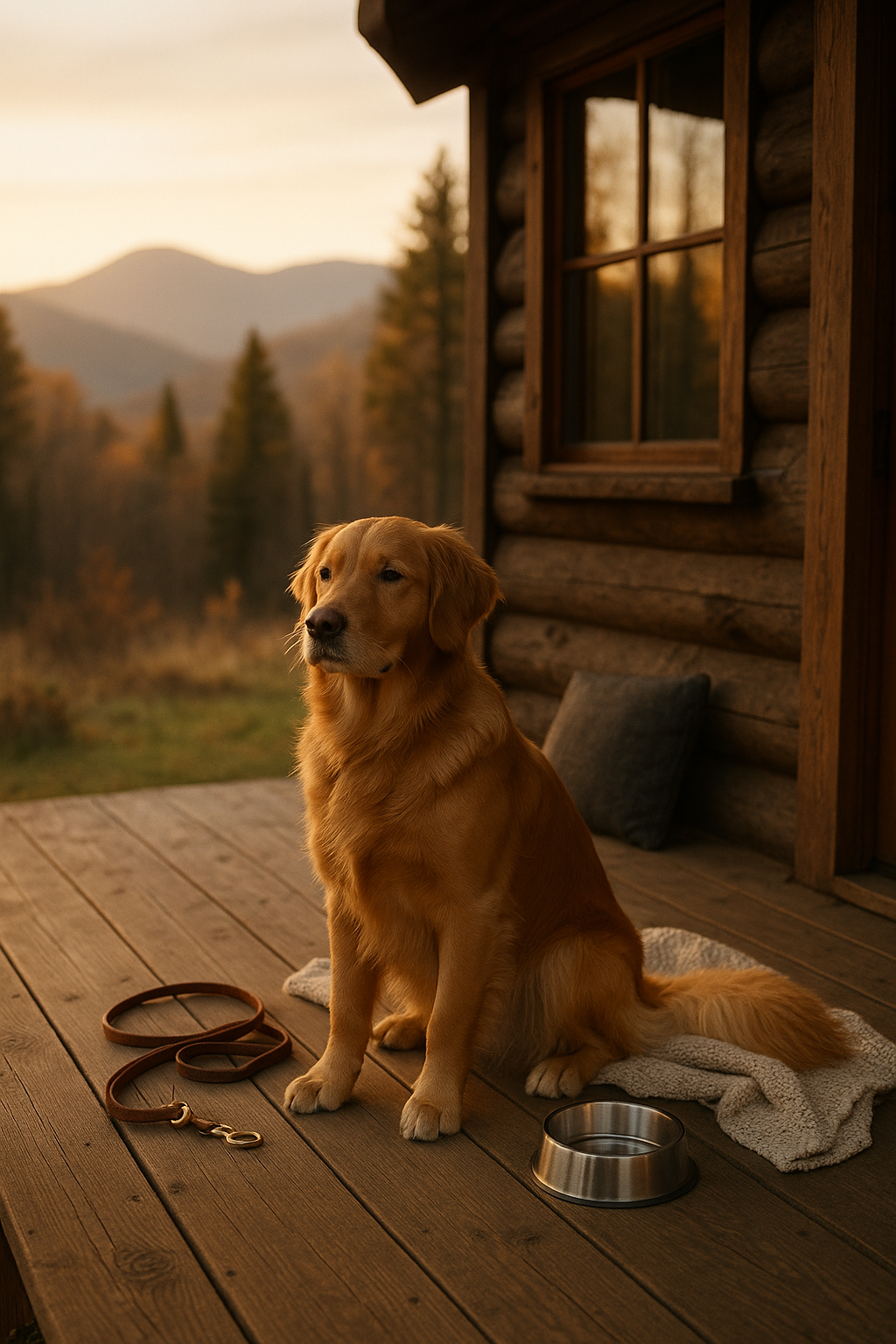 Golden retriever sits on porch of a log cabin, overlooking mountains at sunset.