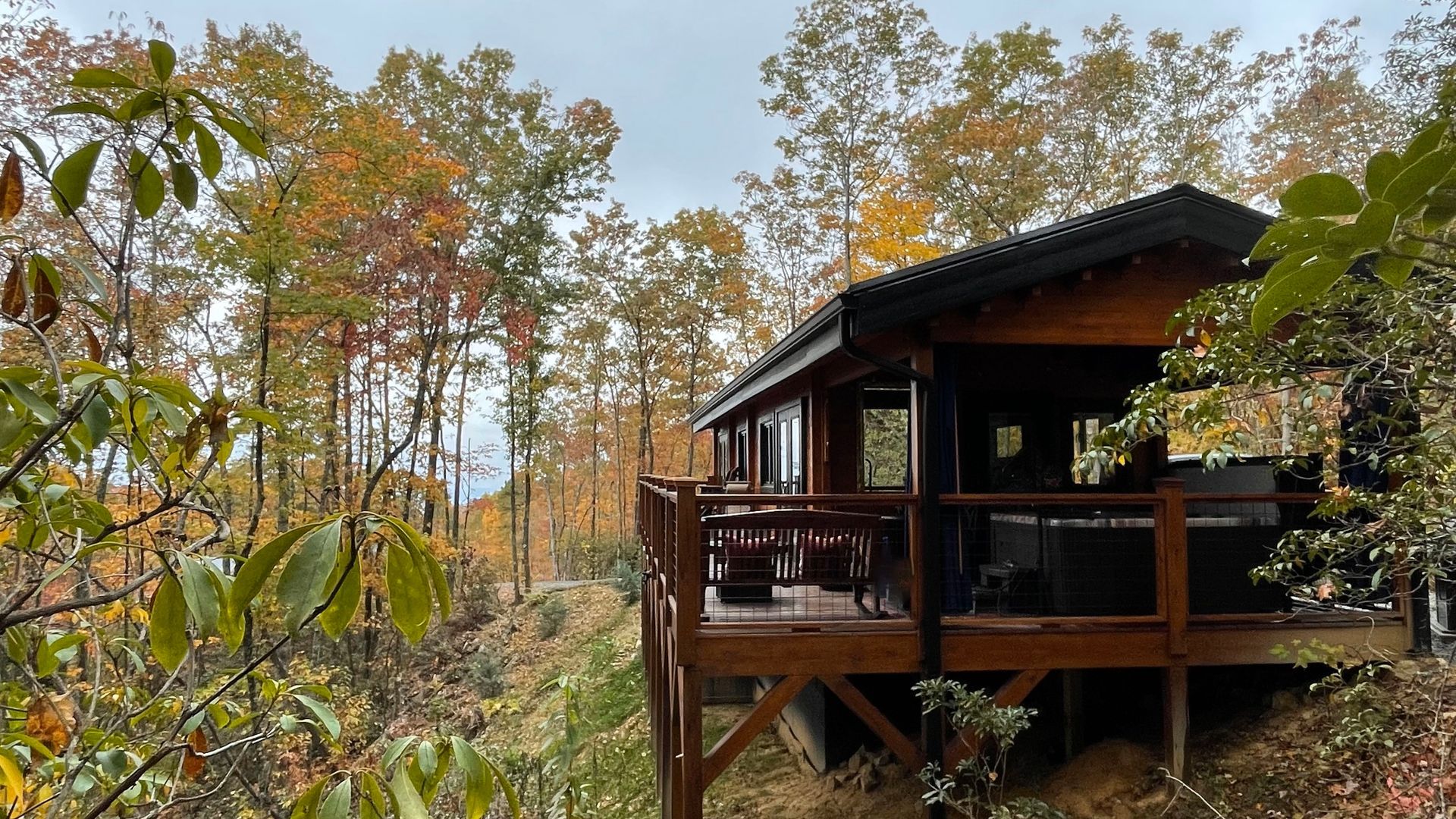 A small wooden cabin with a deck in the middle of a forest.