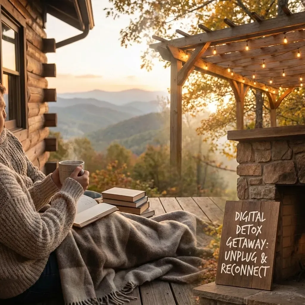 Couple on cabin porch with mountains, fireplace, and sign 