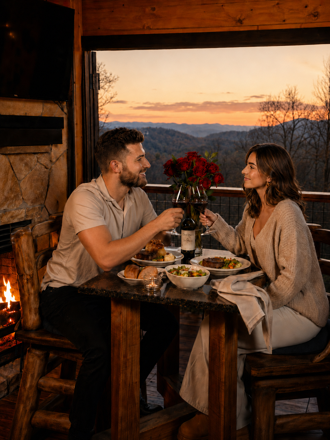 Candlelit outdoor dining table at sunset with wine glasses, plates, cutlery, and steak.