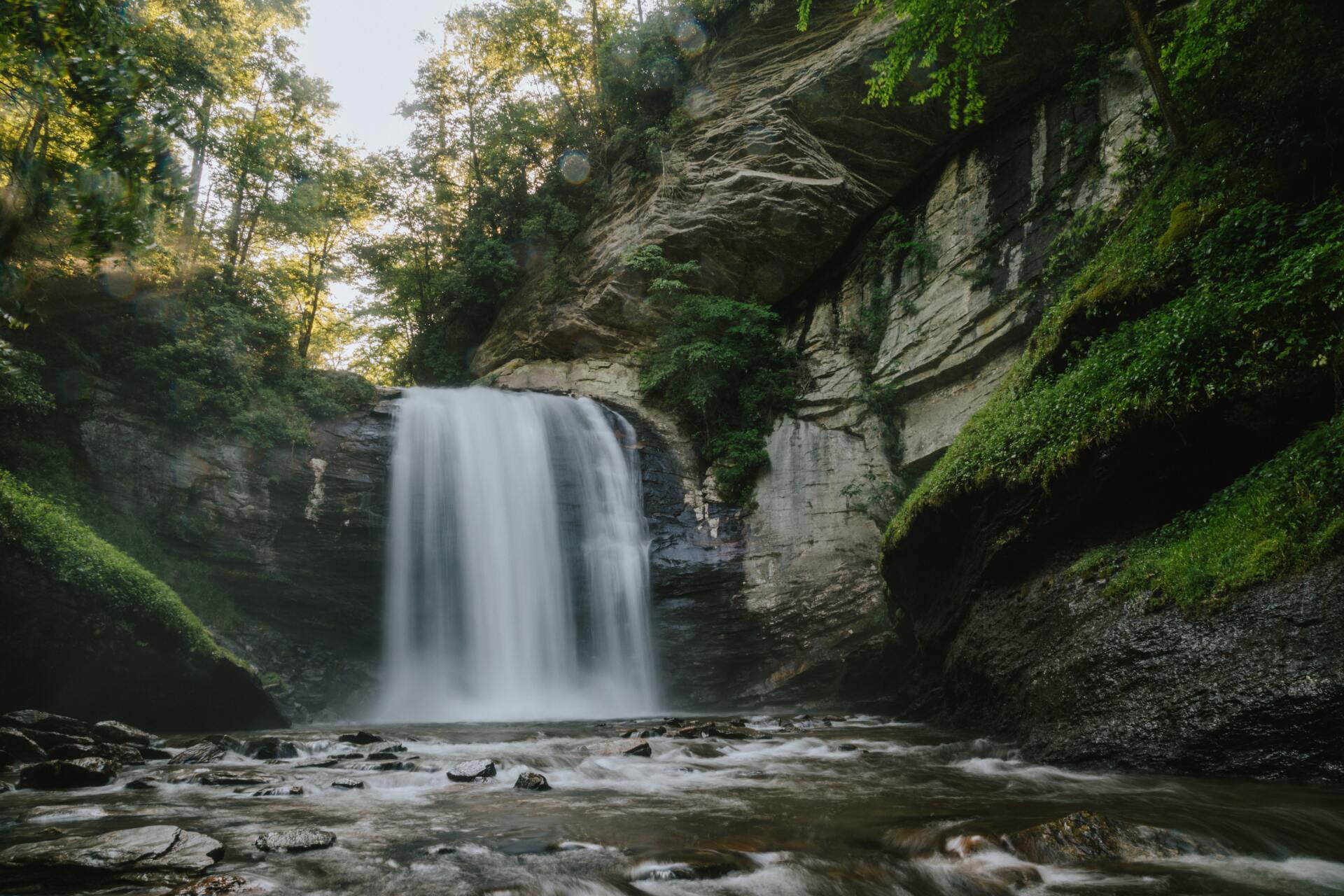 a waterfall is surrounded by trees and rocks in the middle of a forest .