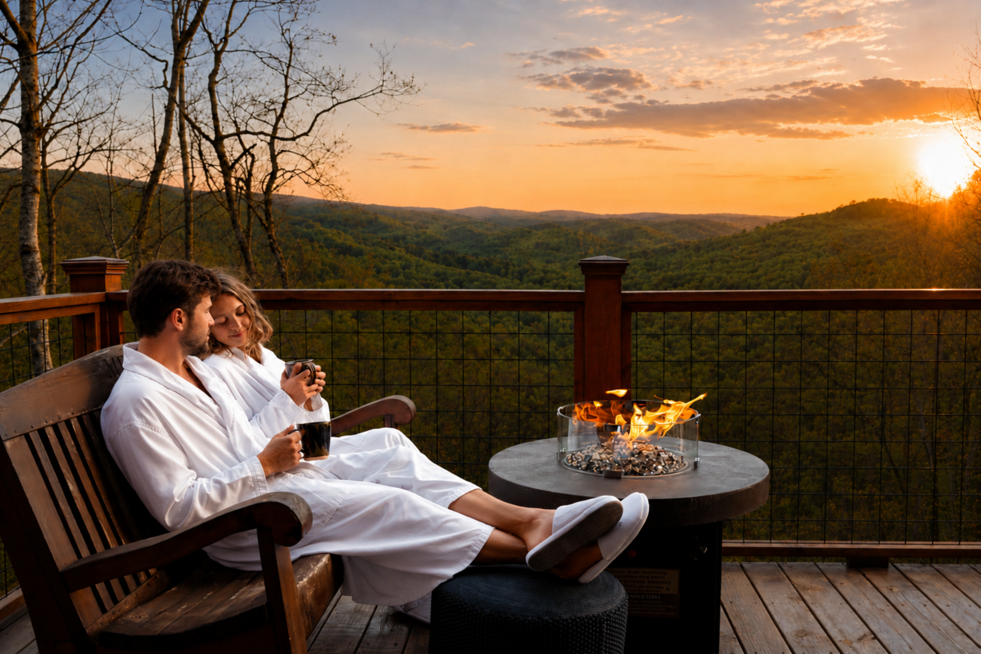 Couple in white robes sitting on a deck at sunset, sharing a quiet moment by candlelight.