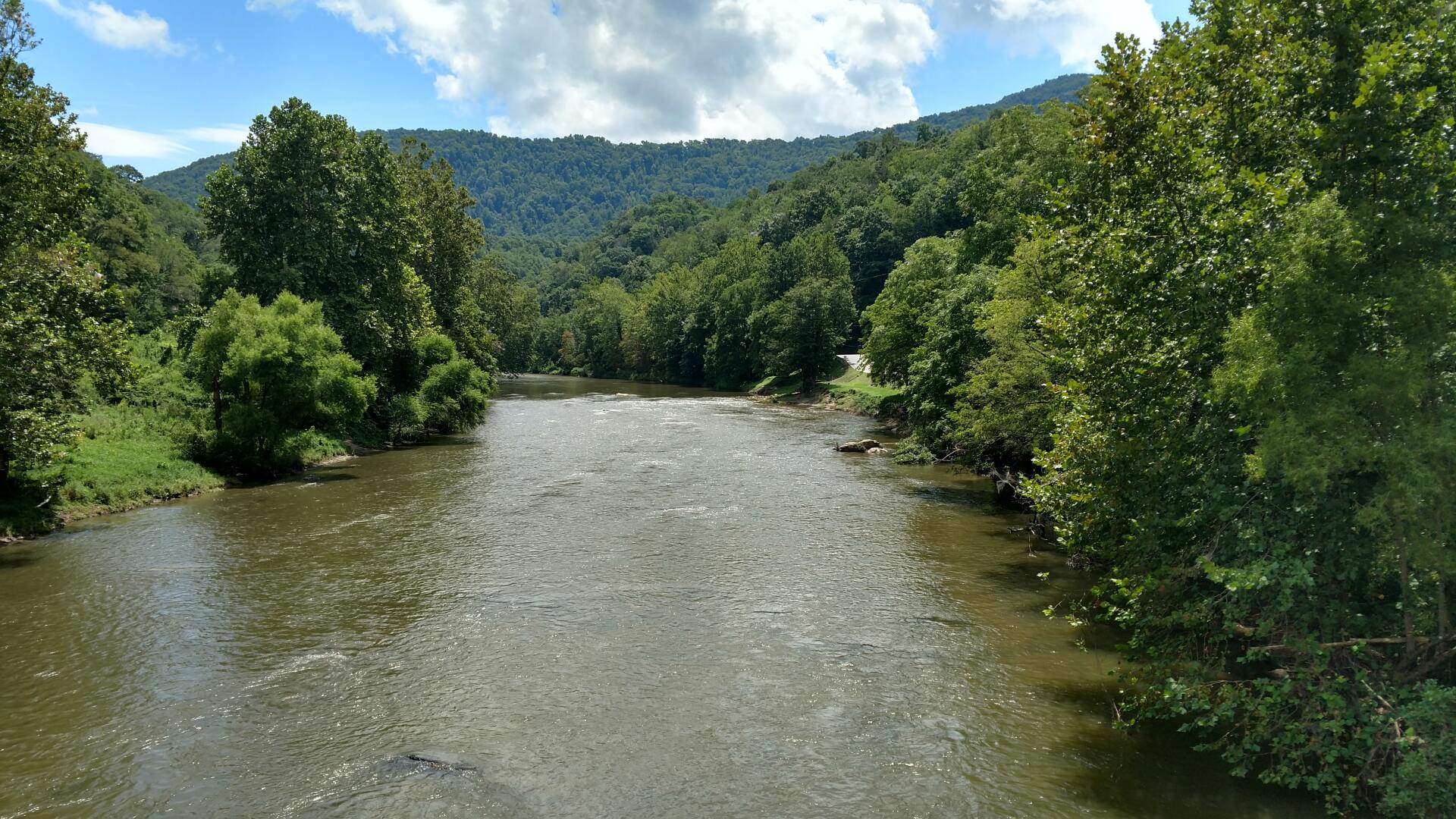 a river surrounded by trees and mountains on a sunny day .