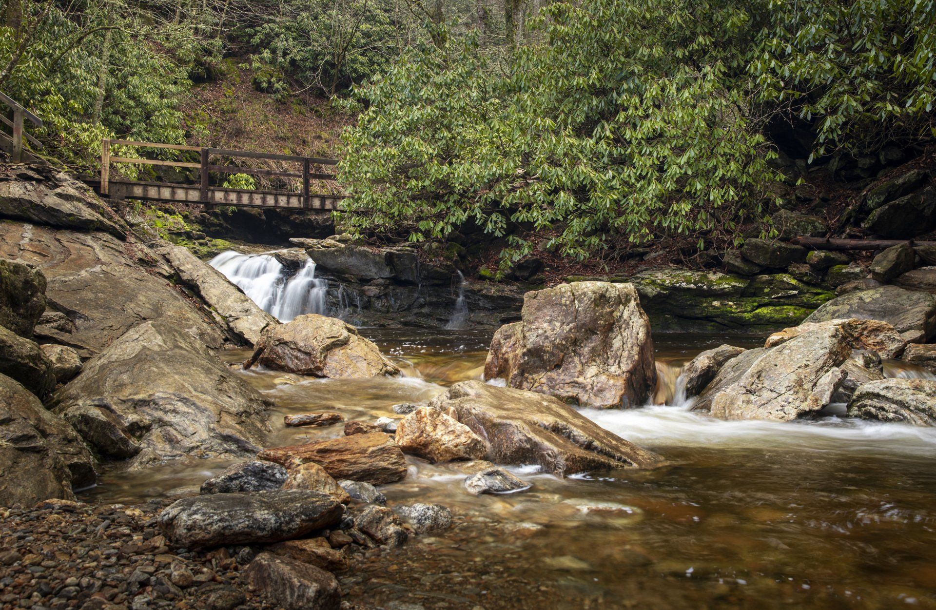 a bridge over a river in the woods with a waterfall in the background .