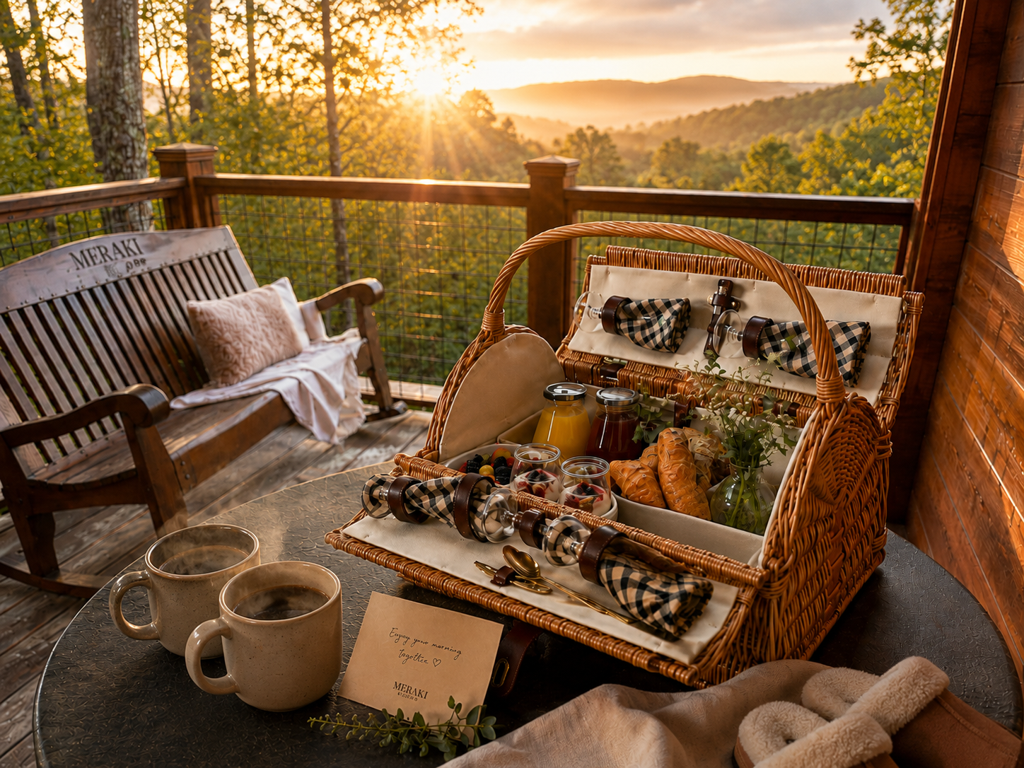 Wicker picnic basket with cups and plates on a deck, overlooking a sunset forest view