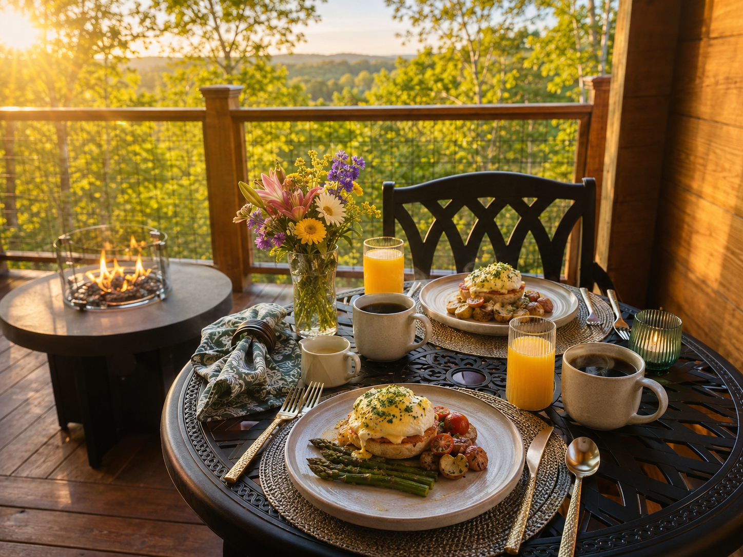 Romantic dinner on a balcony at sunset with wine, flowers, and mountain views