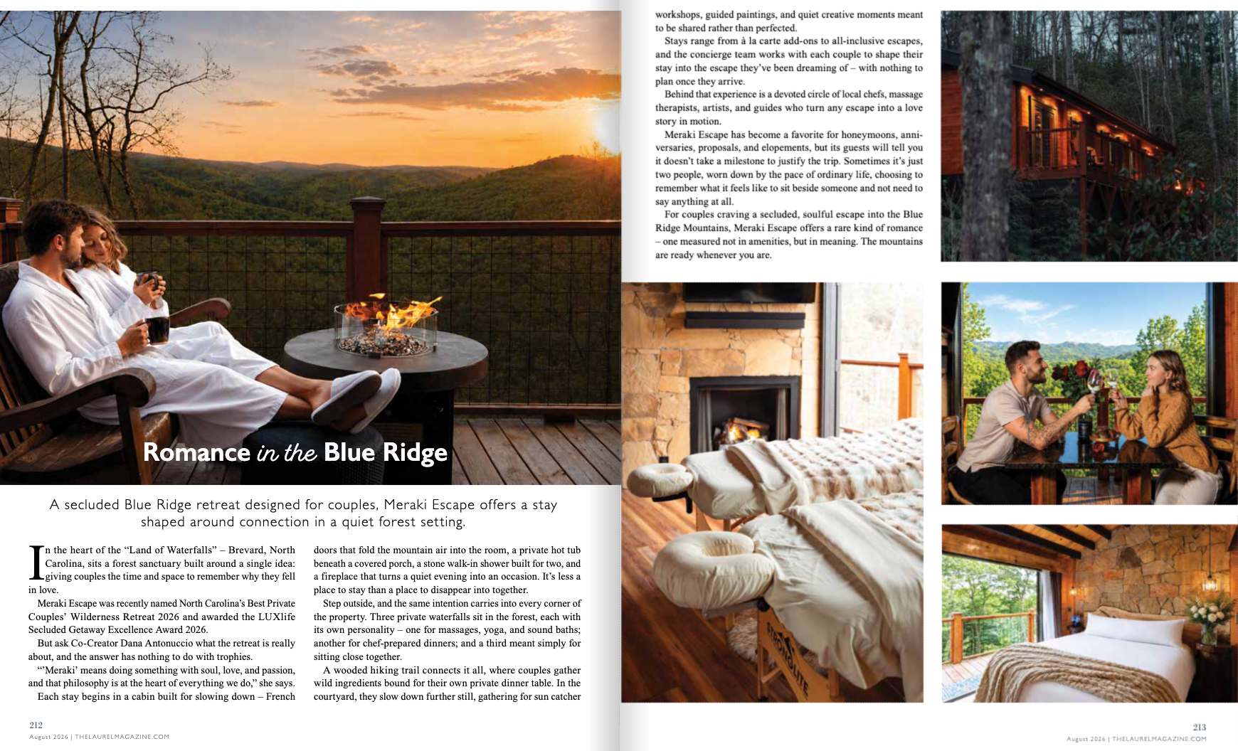 Luxury cabin resort collage with sunset views, porch seating, cozy bedroom, and couples relaxing indoors and outdoors