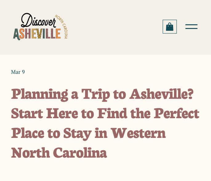 Discover Asheville webpage featuring article headline about planning a trip to Asheville and finding places to stay in Western North Carolina