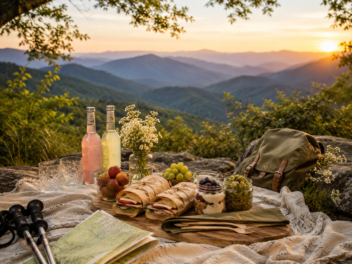 Picnic spread with bread, fruit, and drinks overlooking a mountain sunrise