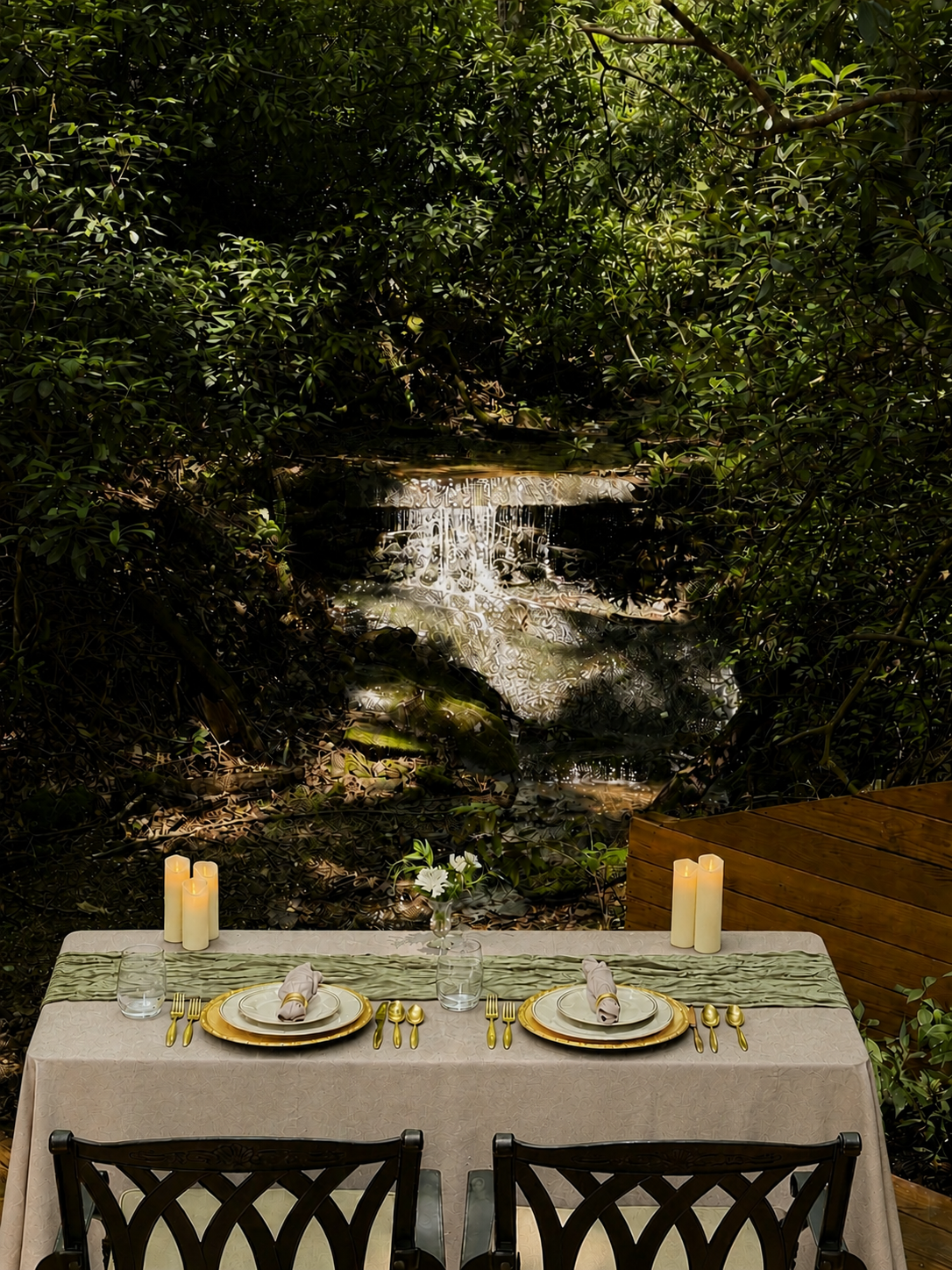 Romantic candlelit table set before a small waterfall in a lush forest outdoors