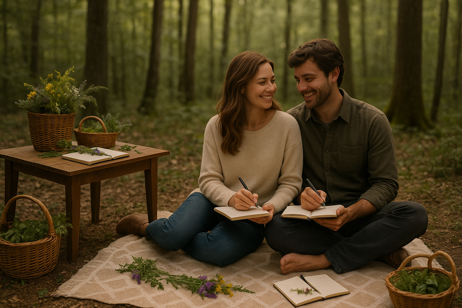 Couple seated on a blanket in a forest, writing in notebooks, smiling at each other.