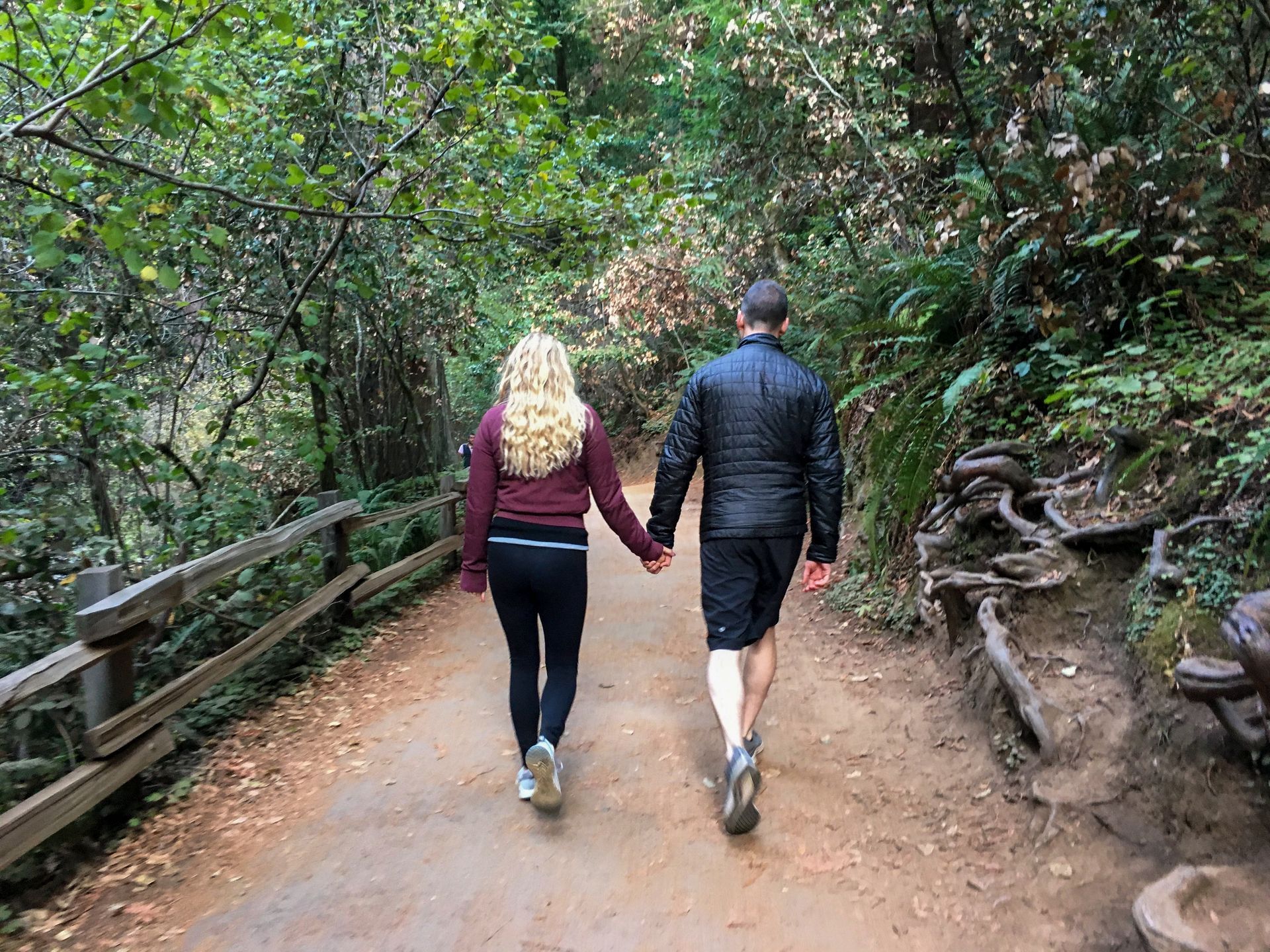a man and a woman are walking down a path holding hands .