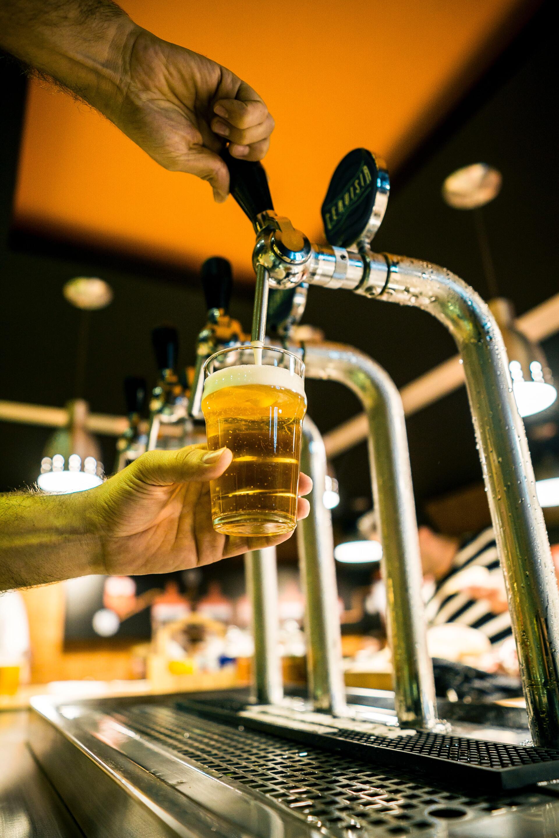 a person is pouring beer into a glass at a bar .