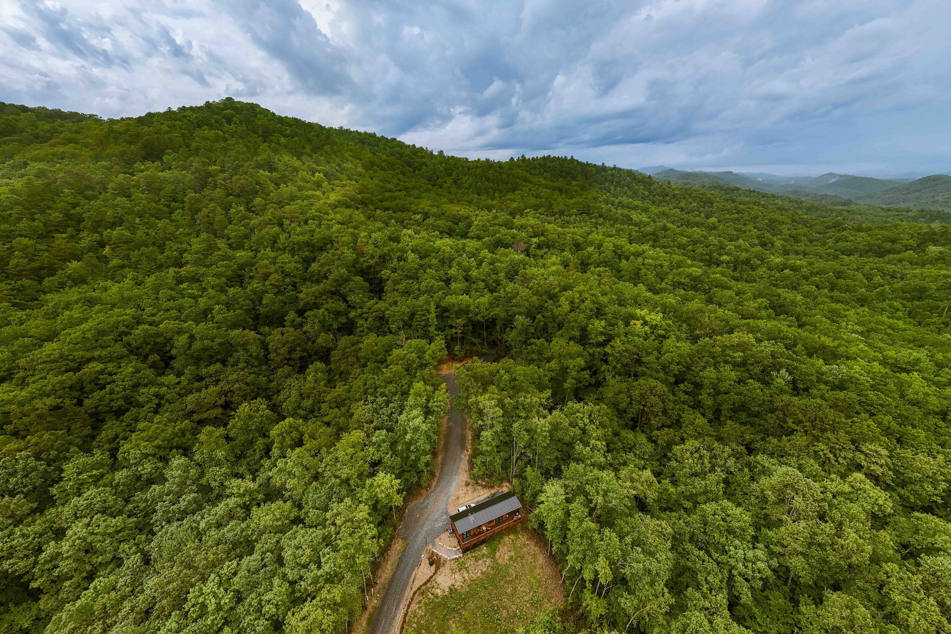 Aerial view of a lush green forest with a road winding through it; a small building is visible at the bottom.