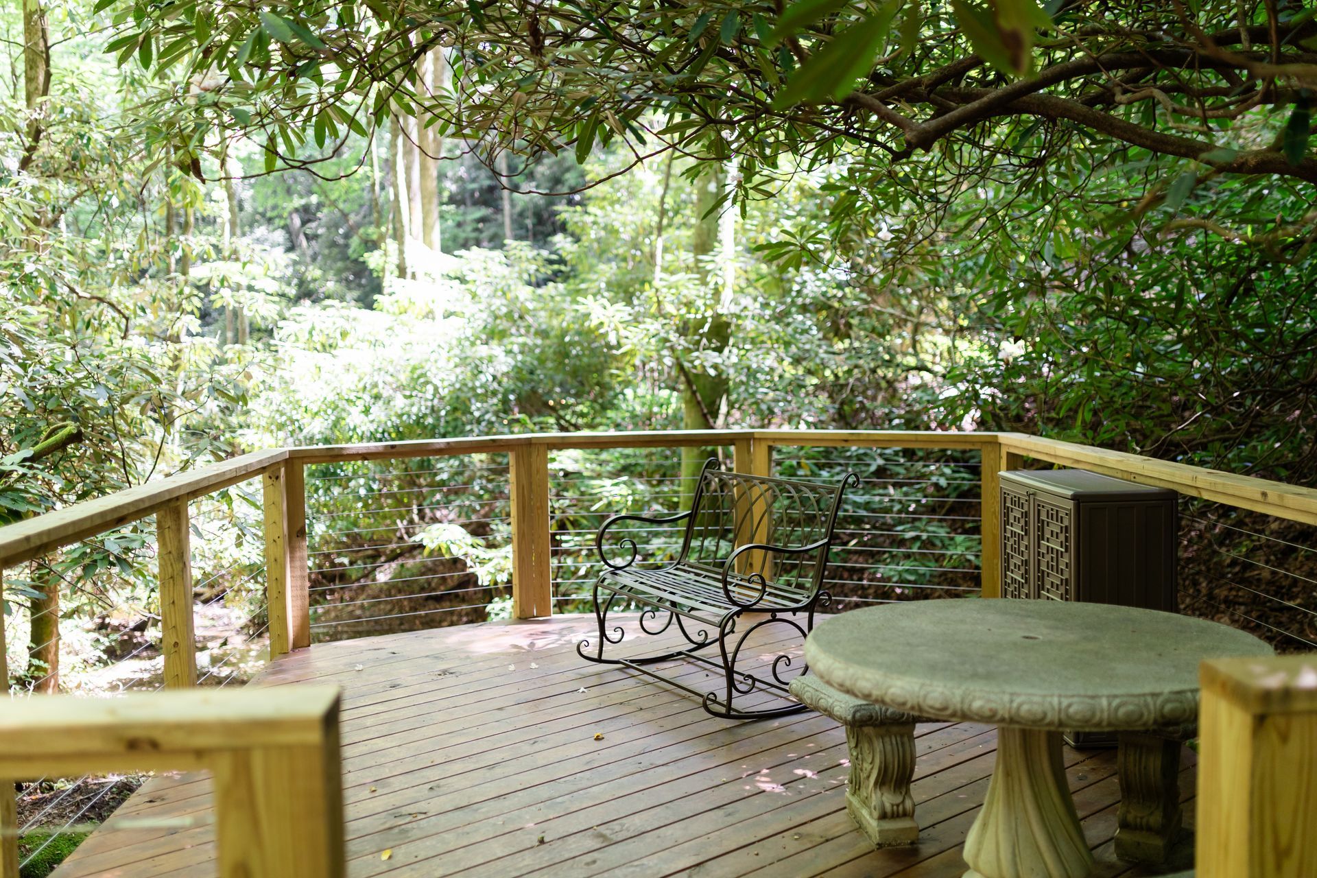 Wooden deck with bench overlooking a lush green forest garden