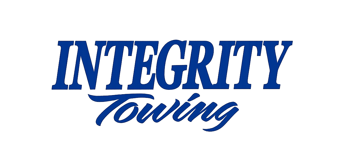 Blue “Integrity Towing” logo with stylized lettering on a white background