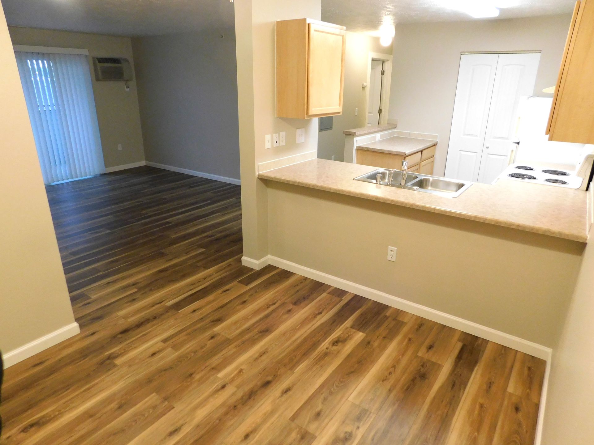 Interior of apartment with wooden floors and a kitchen counter.