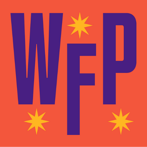 A logo for wfp with purple letters and yellow stars on a red background.