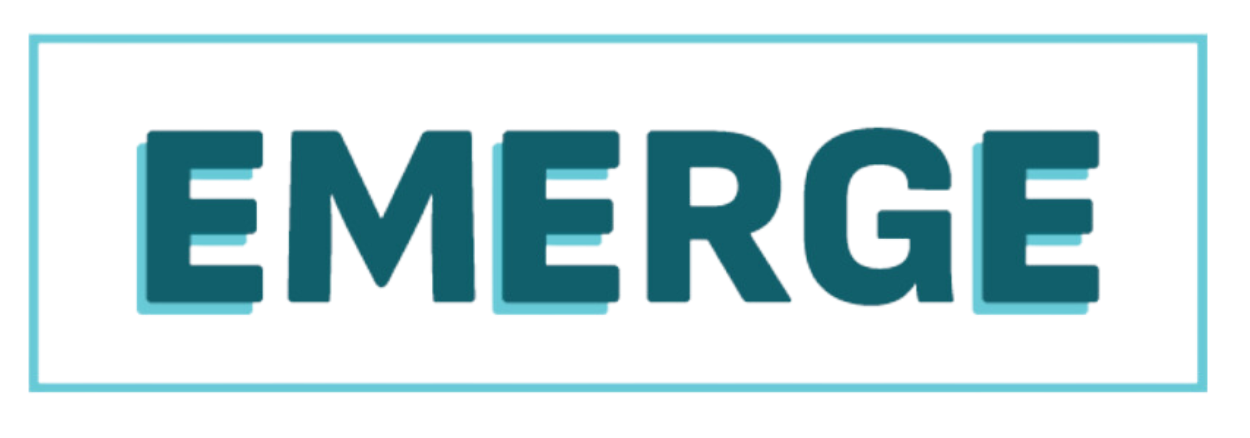 The word emerge is written in blue letters on a white background.