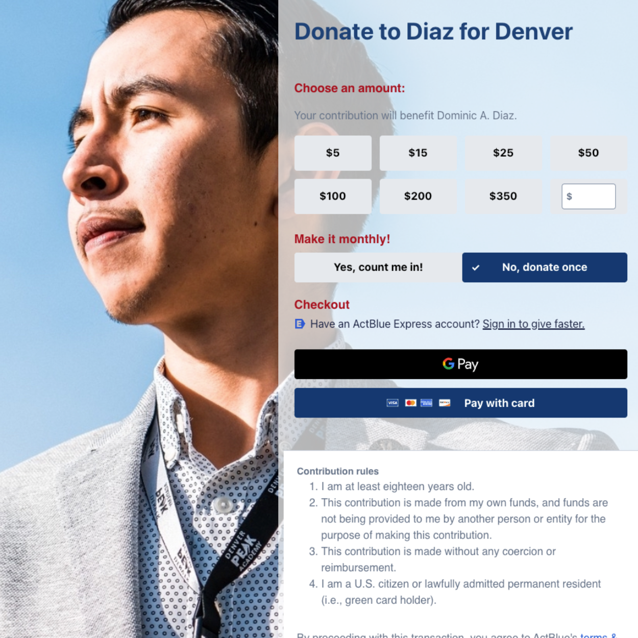 A donate to diaz for denver page with a picture of a man