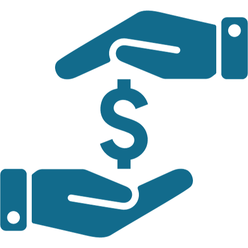 A blue icon of two hands holding a dollar sign.