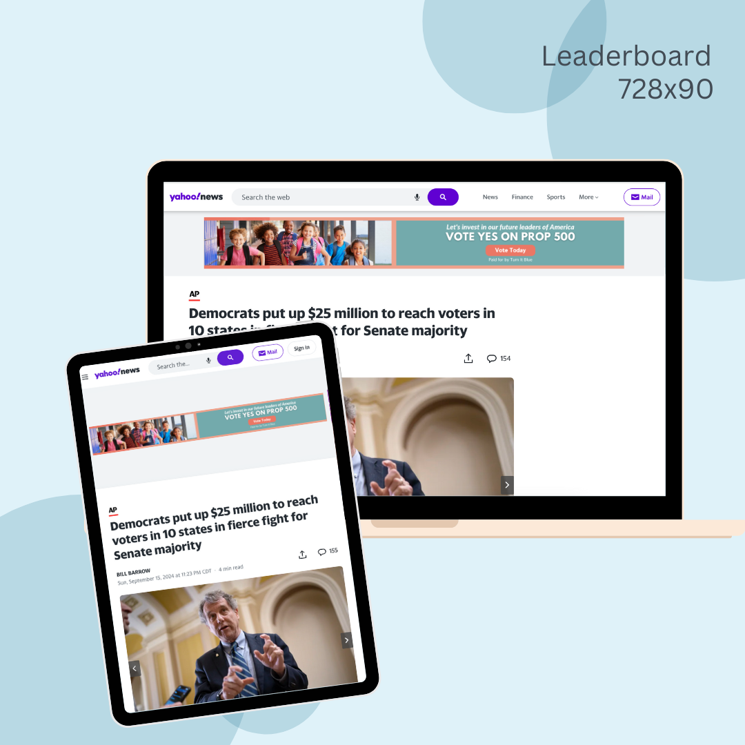 A leaderboard with a picture of a group of people on it