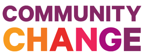 A colorful logo for community change with a white background.