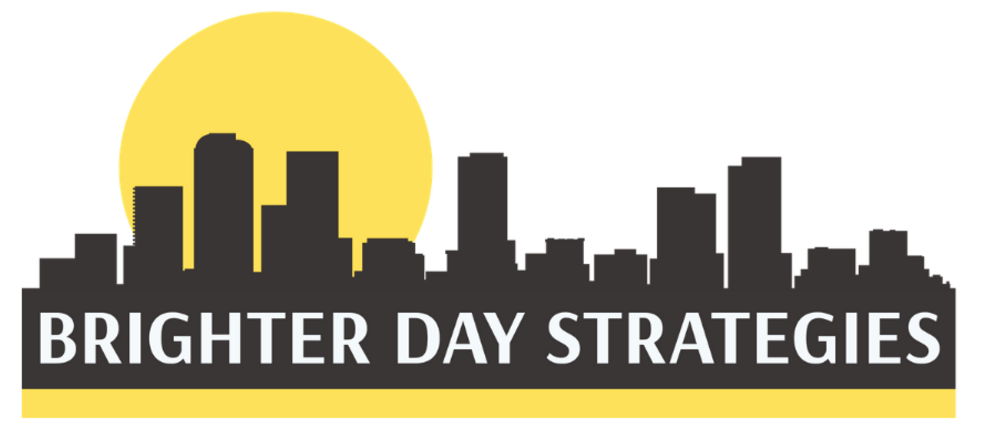 The logo for brighter day strategies shows a city skyline and the sun.