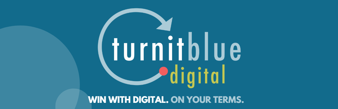 A turnitblue digital logo on a blue background