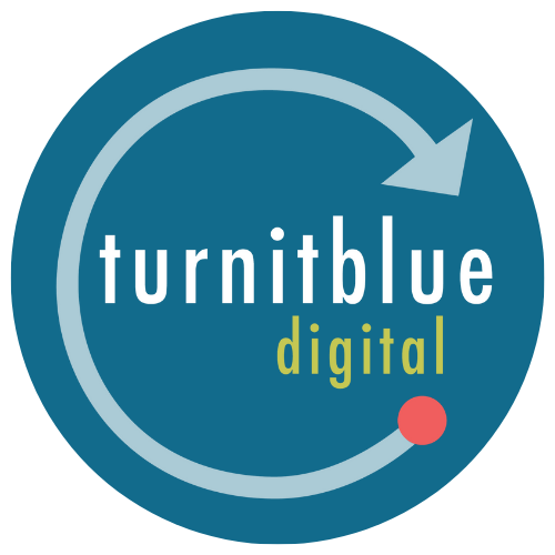 A blue circle with the words turnitblue digital on it