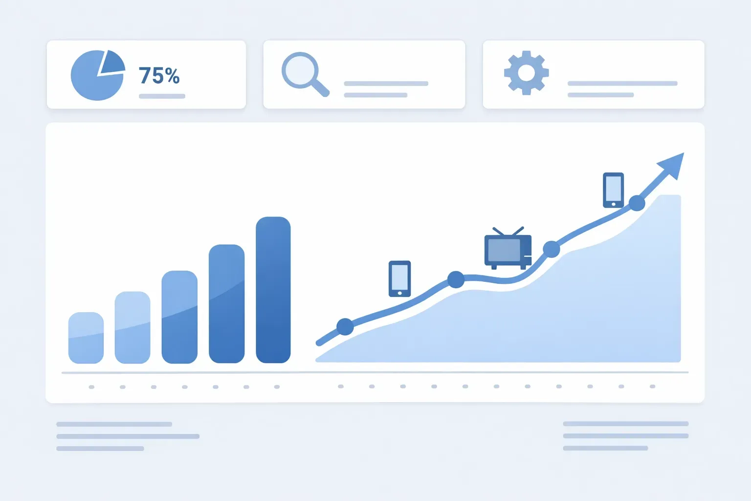 A blue-toned infographic dashboard showing a bar chart and a line graph with icons of devices indicating growth.