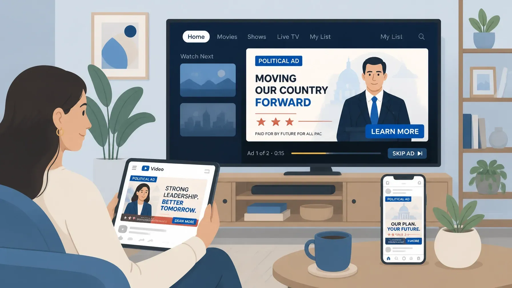 Woman on sofa watching a political ad on TV, with the same ad showing on tablet and mobile phone