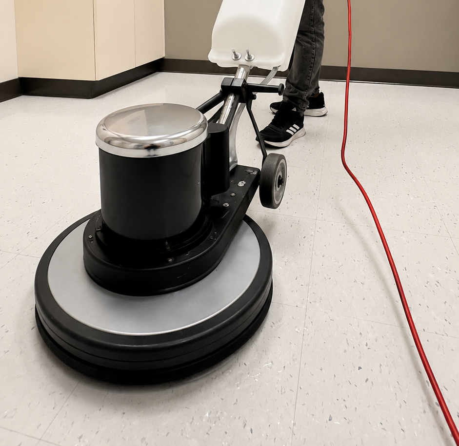 Cleaners employee removing dirt with equipment in office.