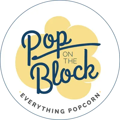 The logo for pop on the block everything popcorn