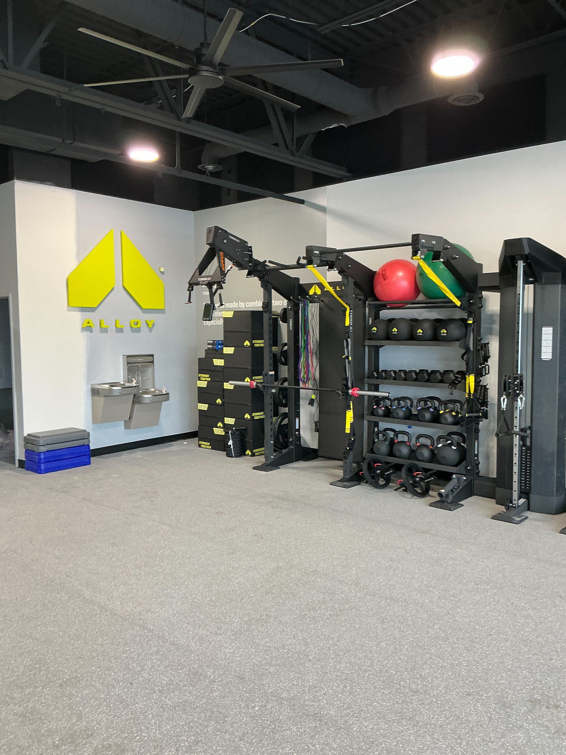 Modern gym interior with weight machines, racks, and exercise balls on a gray floor