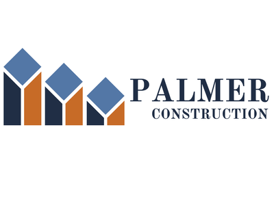 Logo for Palmer Construction: under a graphic of three stacked, ascending blocks in shades of blue and gray.