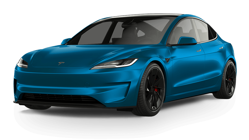 Blue Tesla-style electric sedan on a white background, front three-quarter view