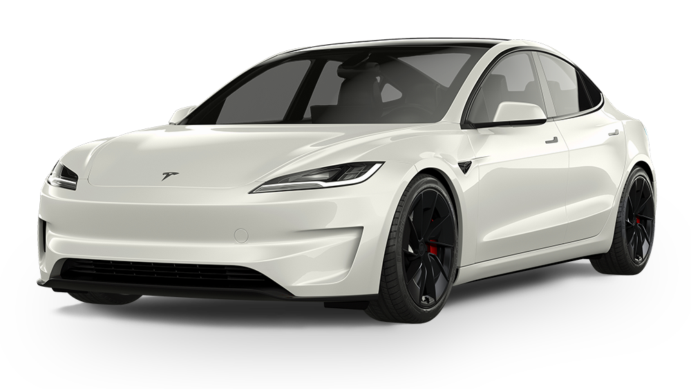 White Tesla sedan on a white studio background, front three-quarter view