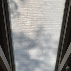A rectangular skylight covered by a translucent pleated shade, with silhouettes of tree branches cast upon the surface.