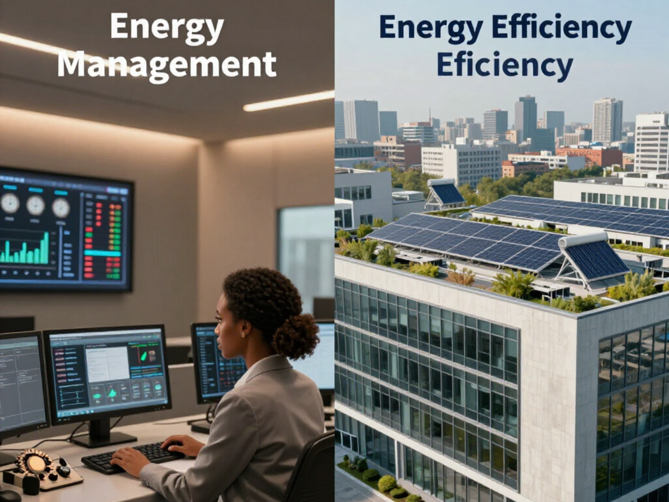Energy management control room with monitors beside an office building topped with solar panels and city skyline