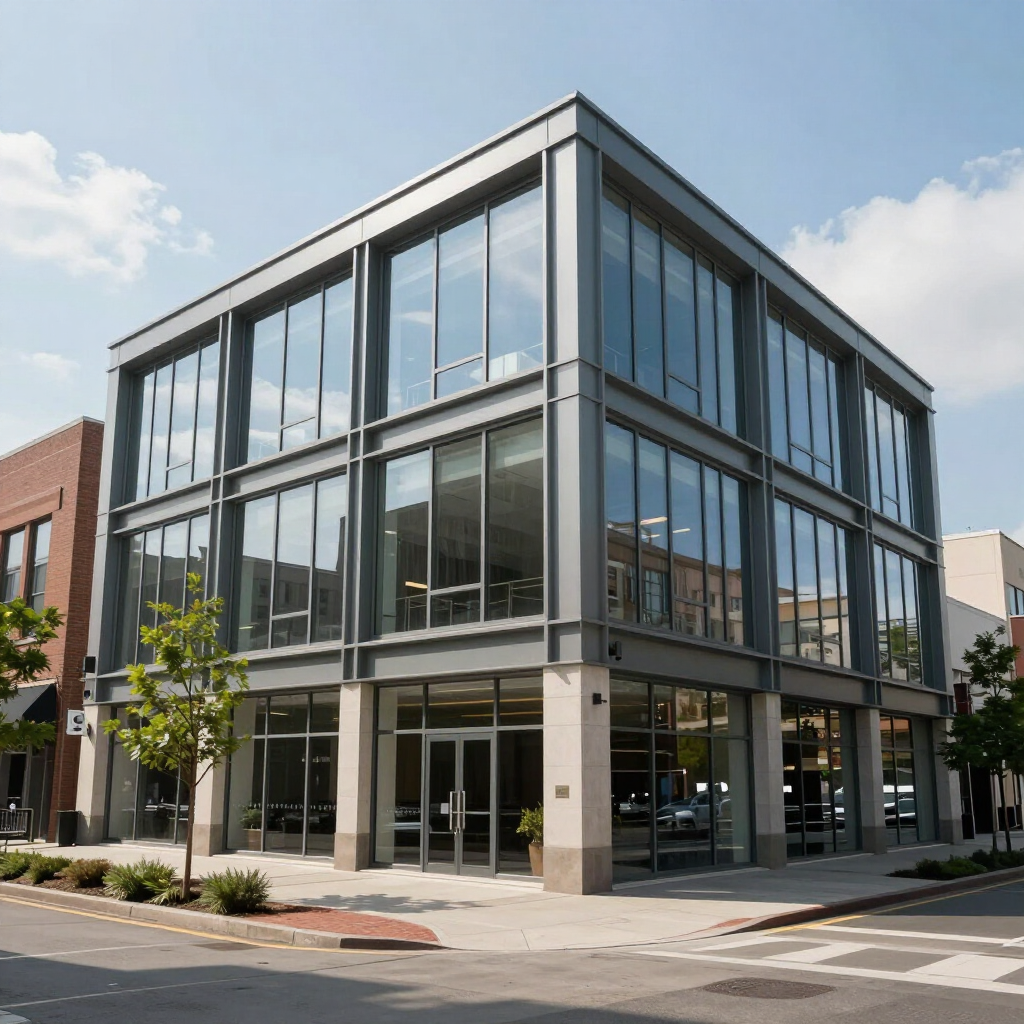 Modern glass-fronted corner office building on a city street with reflections in the windows