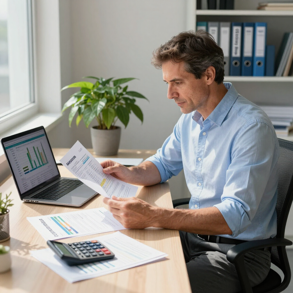 Man reviewing paperwork at a desk with laptop, calculator, and charts in a bright office