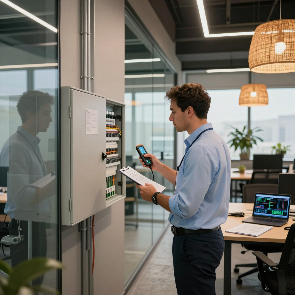 Person scanning a wall-mounted electrical panel with a smartphone in a modern office workspace