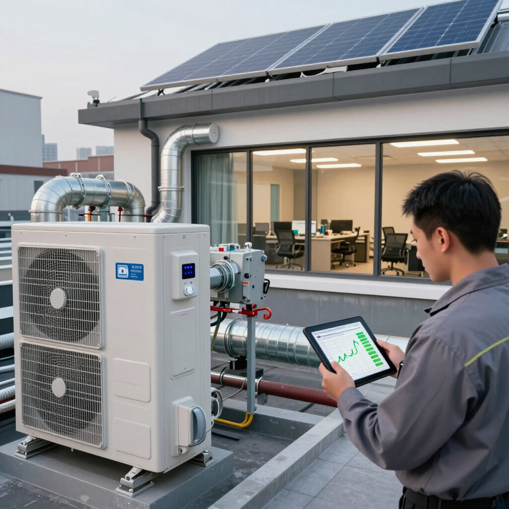 Technician monitoring rooftop HVAC and solar panels beside an office building