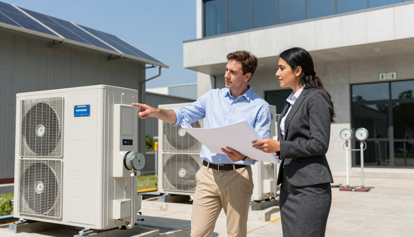 Two professionals reviewing plans beside outdoor HVAC units outside a commercial building