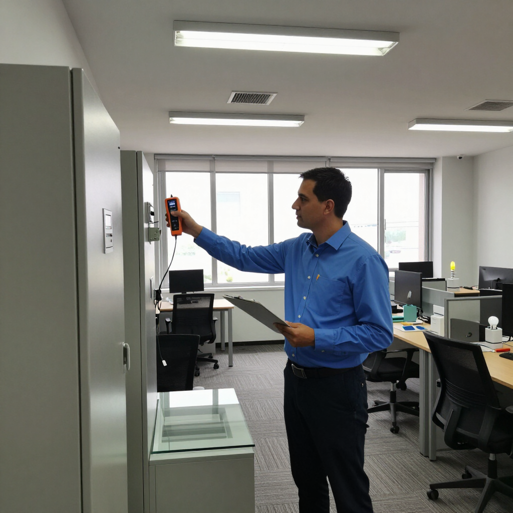 Man in blue shirt taking measurements in an office workspace with a handheld device and clipboard