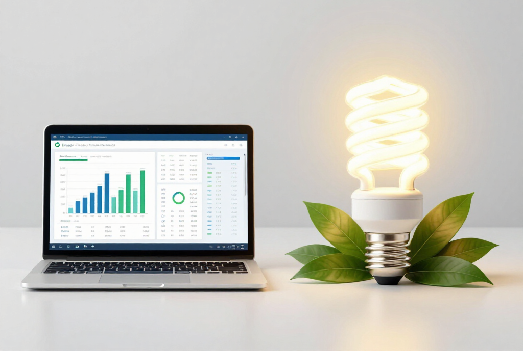 Laptop with green analytics charts beside a glowing spiral light bulb and leaves on a white surface