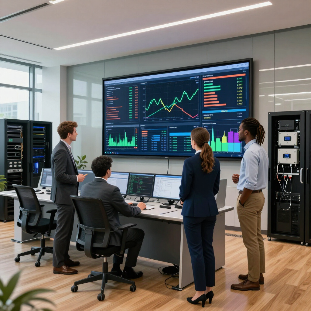 Team in a modern office analyzing financial data on a large wall screen with charts and graphs.