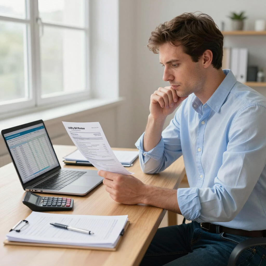Man reviewing paperwork at a desk with a laptop, calculator, and notebook in a bright office
