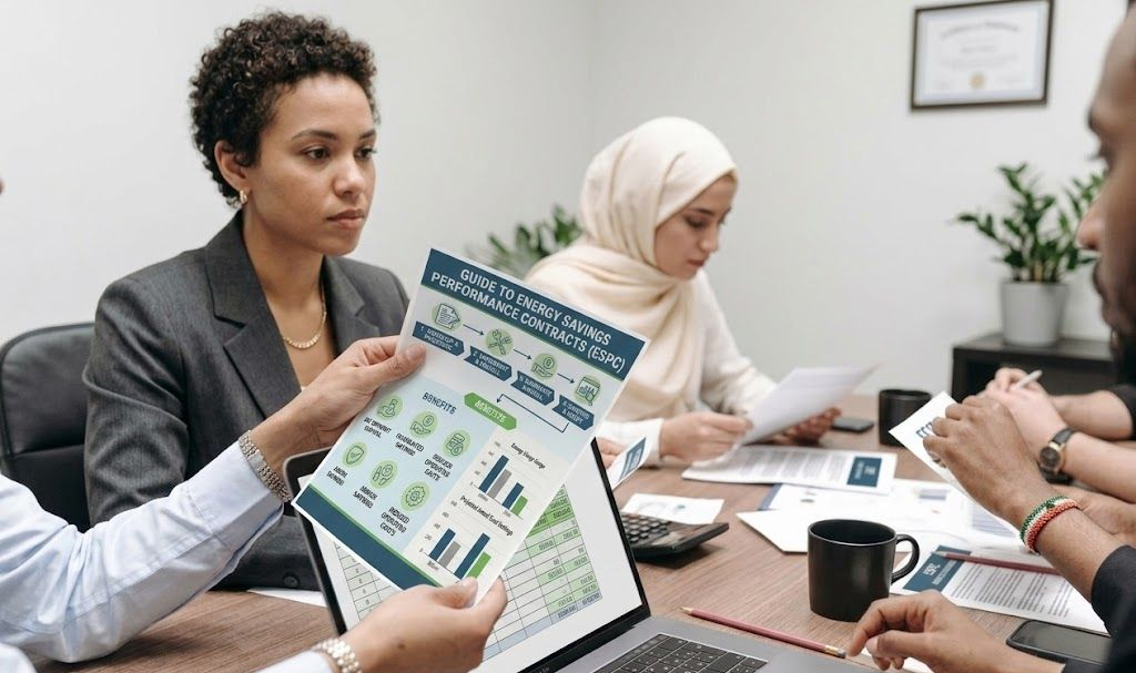 A diverse group of professionals collaborating in an office, reviewing charts and data on a printed document and laptop.